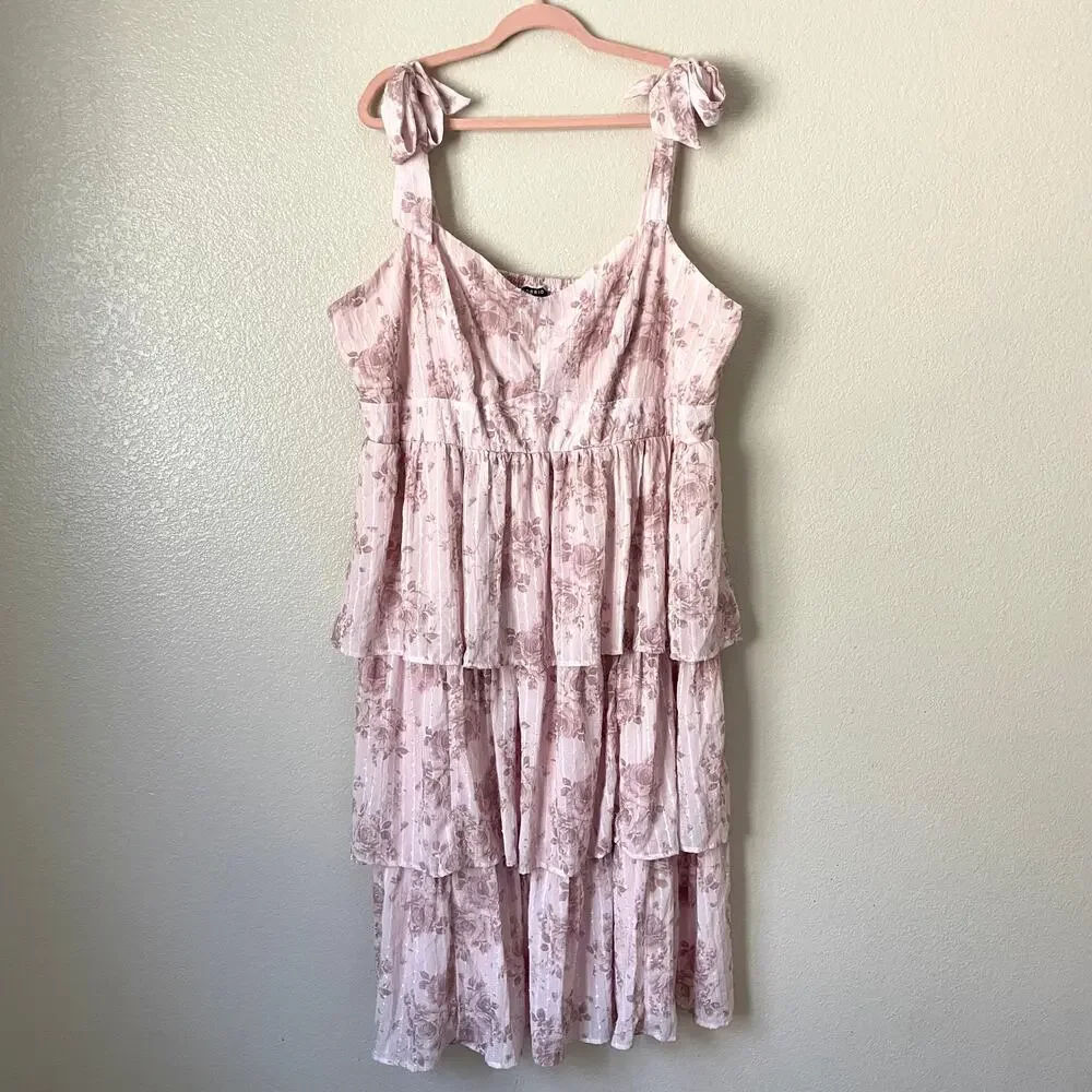 Torrid Dress Womens 3X Pink Tiered Floral Midi Whimsical Fairy Coquette Garden - Picture 3 of 11